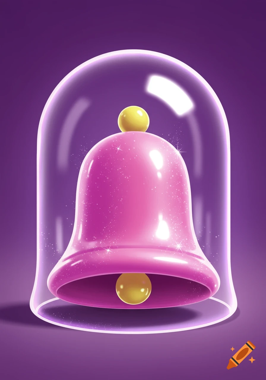 A shiny pink bell with a yellow clapper enclosed in a translucent purple dome, set against a blurple background.