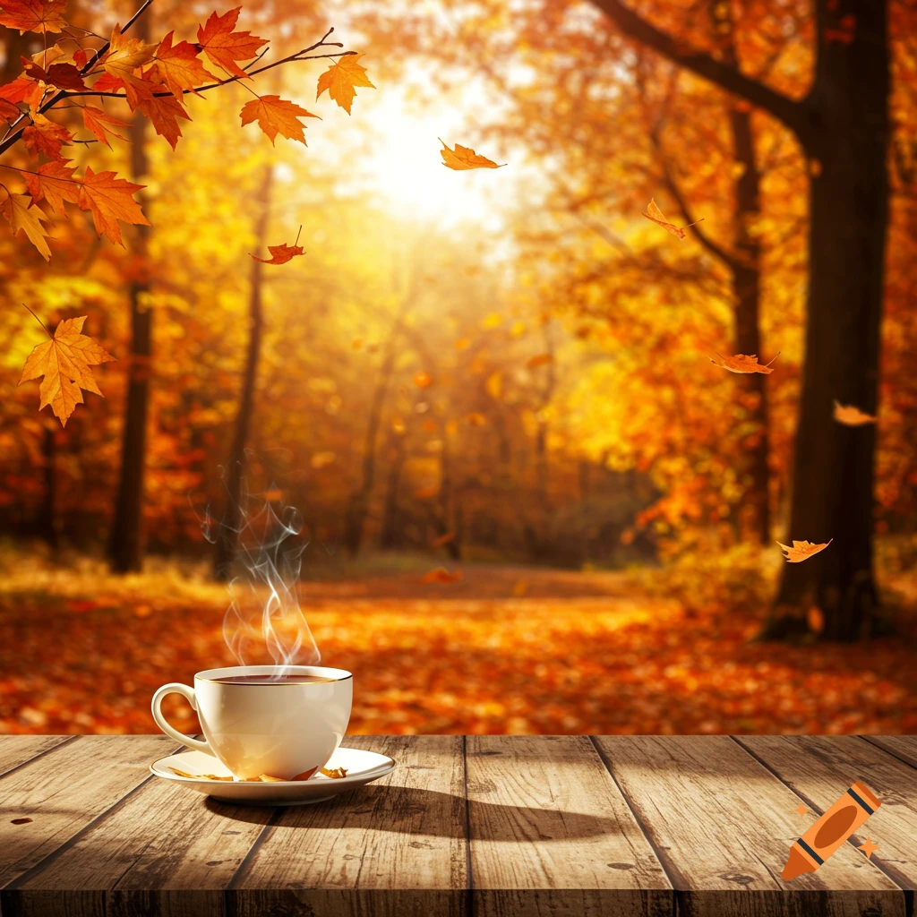 A steaming cup of tea on a wooden table, against a backdrop of a vibrant autumn forest with falling orange leaves.