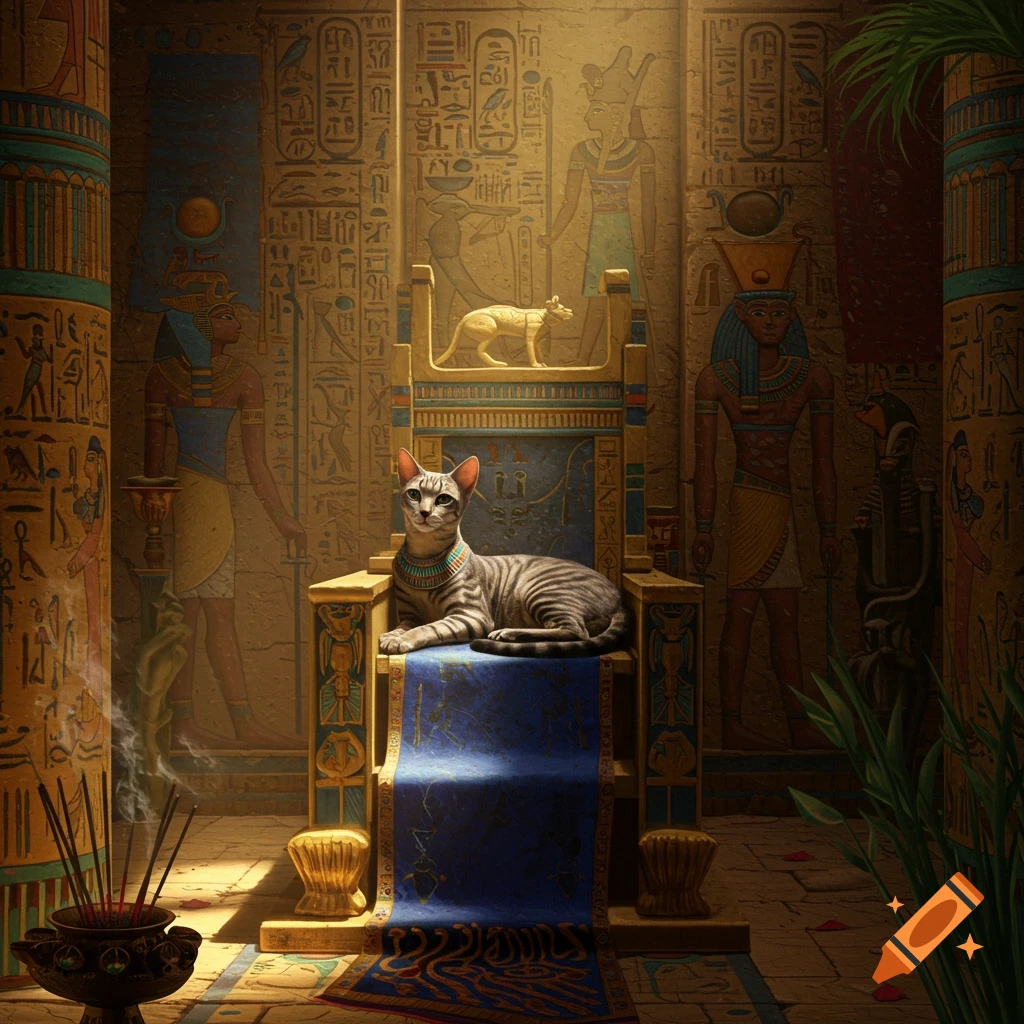 A striped cat with an ancient Egyptian collar sits on an ornate throne in a dimly lit Egyptian tomb with hieroglyph-covered walls and burning incense.