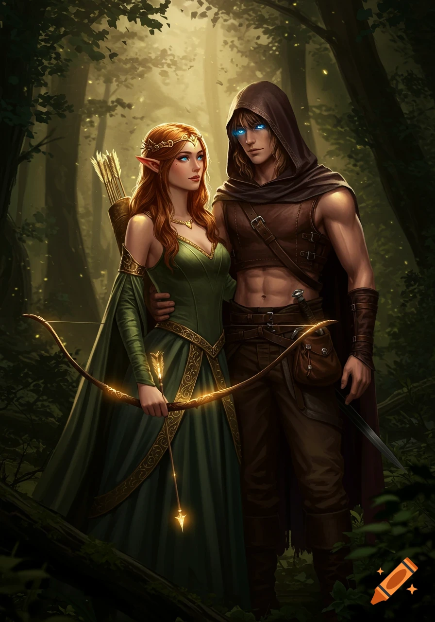 Digital painting of an elf woman with a glowing bow and a hooded man with blue eyes in a magical forest.