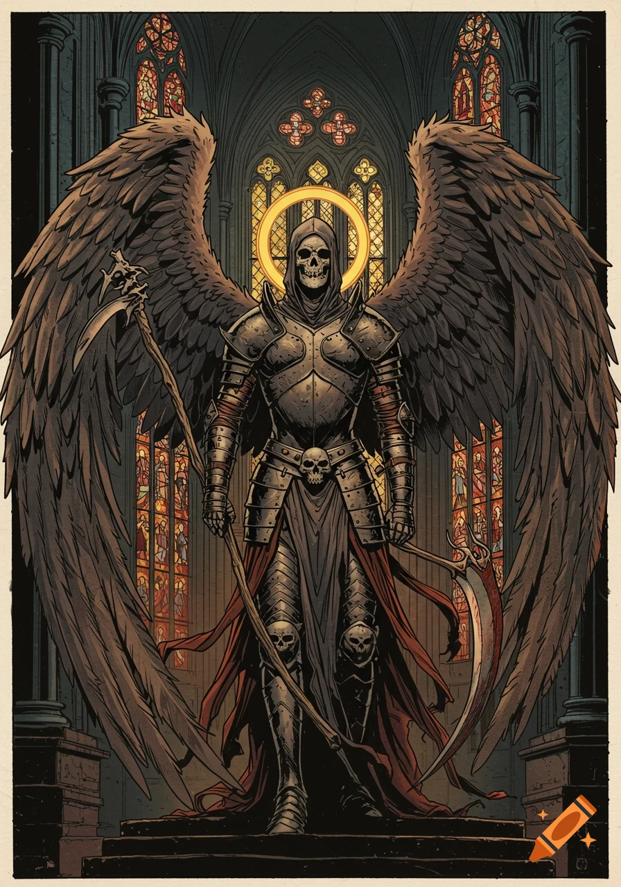 A dark gothic illustration of a winged skeleton in medieval armor, holding scythes, standing in a church with stained glass.