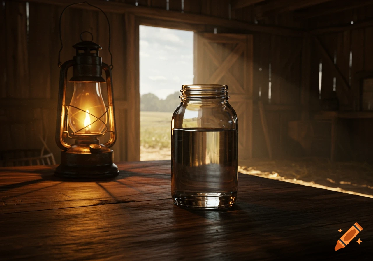 A photorealistic image of a lit lantern and a glass jar with liquid on a wooden table inside a rustic barn. An open barn door reveals a sunny field outside.