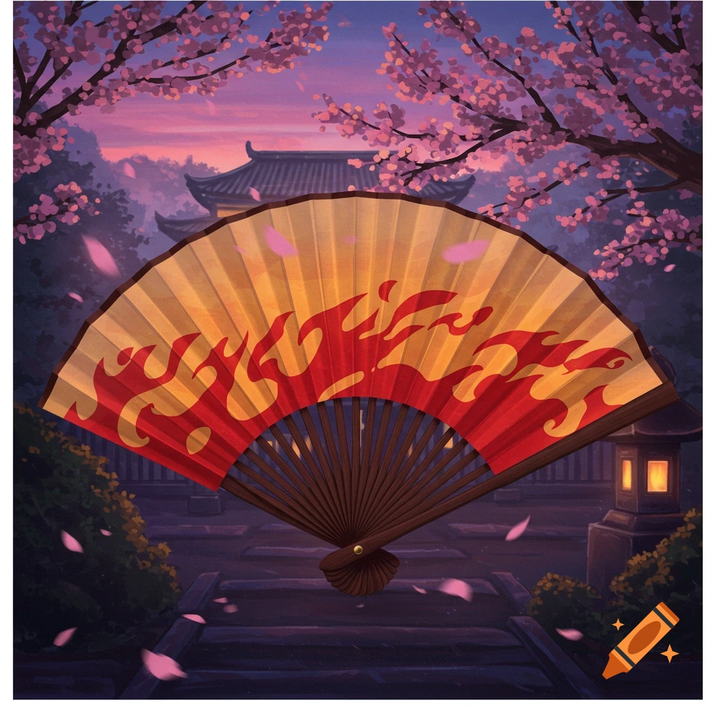 Illustrated folding fan with red and orange flames, set against a Japanese temple and cherry blossoms at sunset.