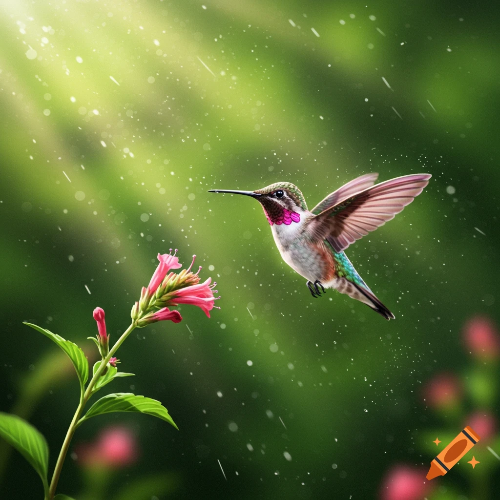 A photorealistic calliope hummingbird hovers by a pink flower against a lush green background with sunrays and sparkling water.