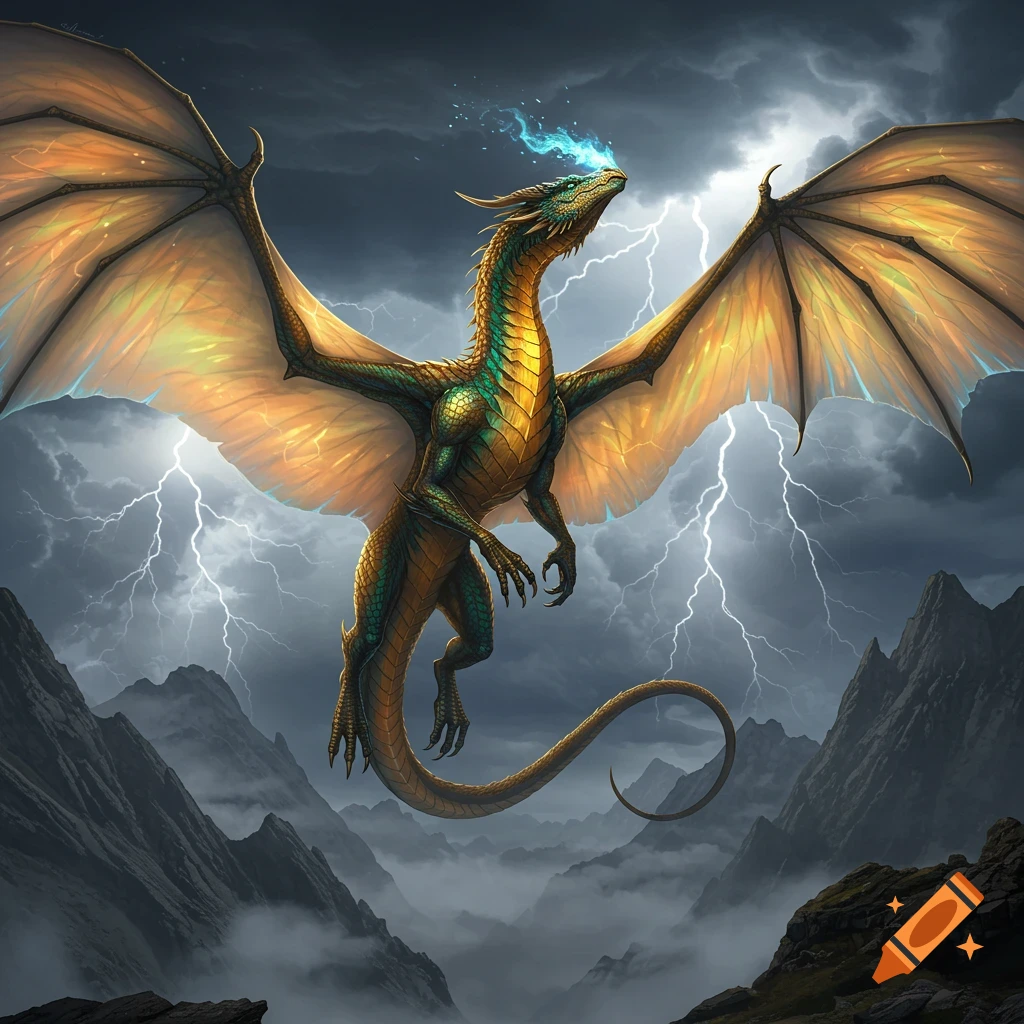 A majestic green and gold dragon with large wings flies amidst lightning and dark clouds over misty mountains, breathing blue fire.