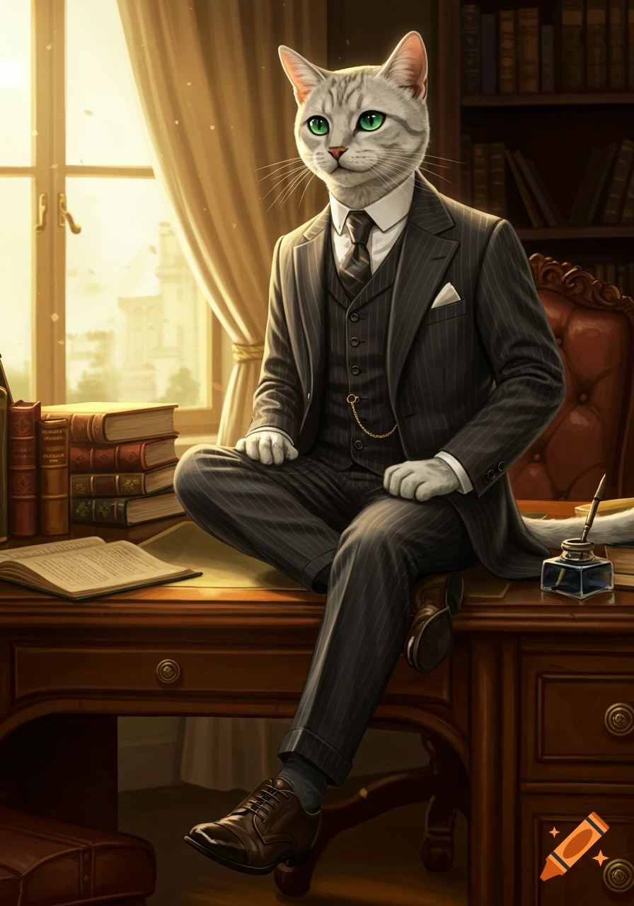 A grey tabby cat wearing a pinstripe three-piece suit sits casually on a wooden desk in a sunlit study, surrounded by books and an inkwell.