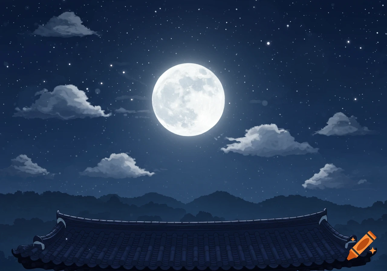 A full moon in a starry night sky above a traditional Korean tiled roof and silhouetted mountains.