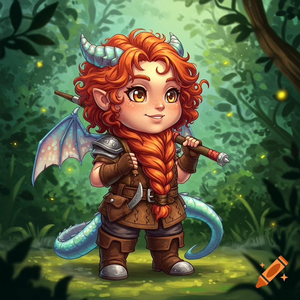 A cute chibi dwarf/dragonborn female hybrid with red hair, horns, wings, and a tail, in armor, holding a staff in a magical forest.