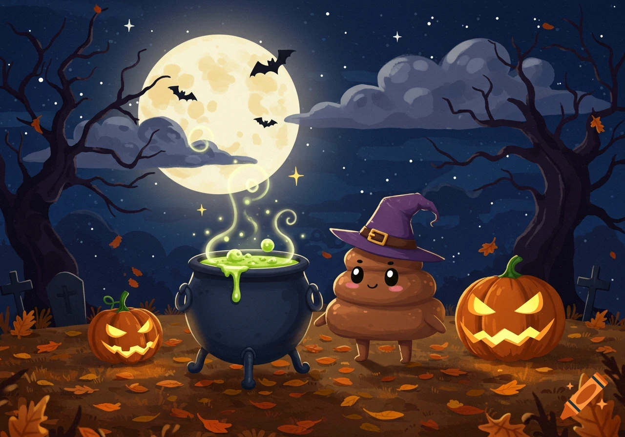 A cute, smiling poop character wearing a witch hat stands beside a bubbling cauldron and two glowing jack-o'-lanterns in a spooky Halloween night illustration.