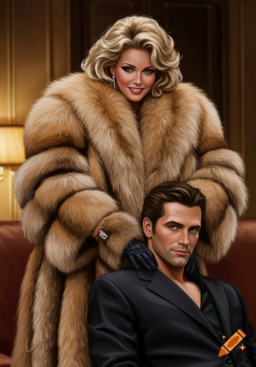 A glamorous blonde woman in a massive fur coat smiles, standing behind a man in a black suit, resting a gloved hand on his shoulder. Illustration.