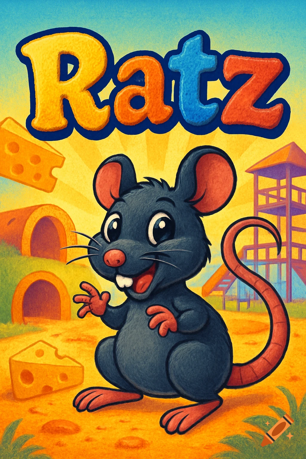 A cheerful cartoon rat with large ears, buck teeth, and red paws stands on an orange ground beneath the bold title "Ratz". Behind it are tunnels, cheese, and a playground structure under a blue sky.