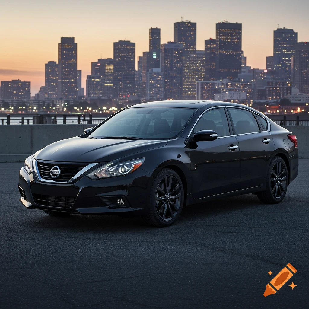 A black Nissan Altima sedan parked on asphalt with a cityscape at dusk in the background.