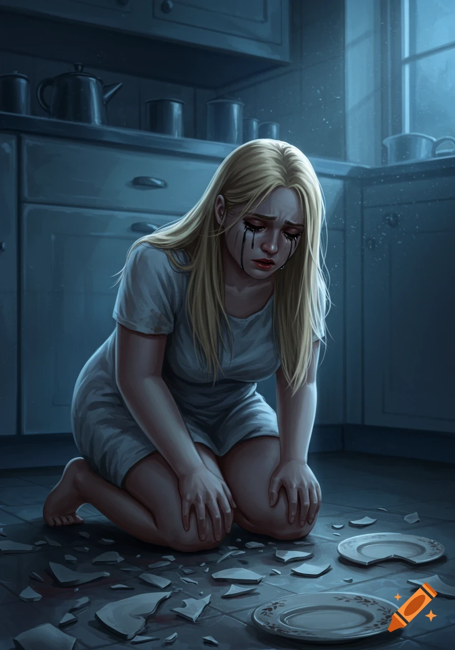 A blonde woman kneels crying with black tears in a dimly lit kitchen, surrounded by broken plates on the floor.