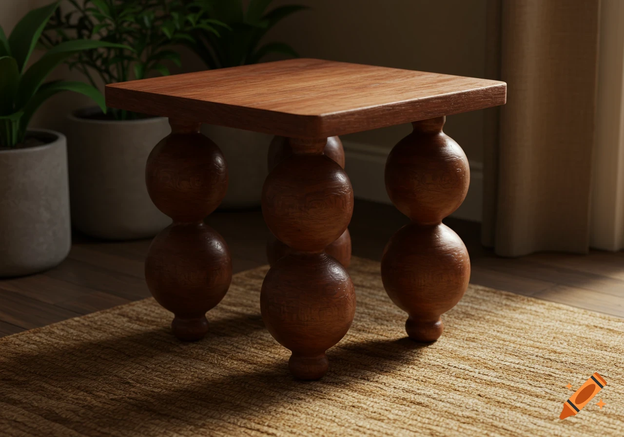 A wooden side table with a square top and legs made of stacked wooden spheres, sitting on a textured rug next to potted plants.
