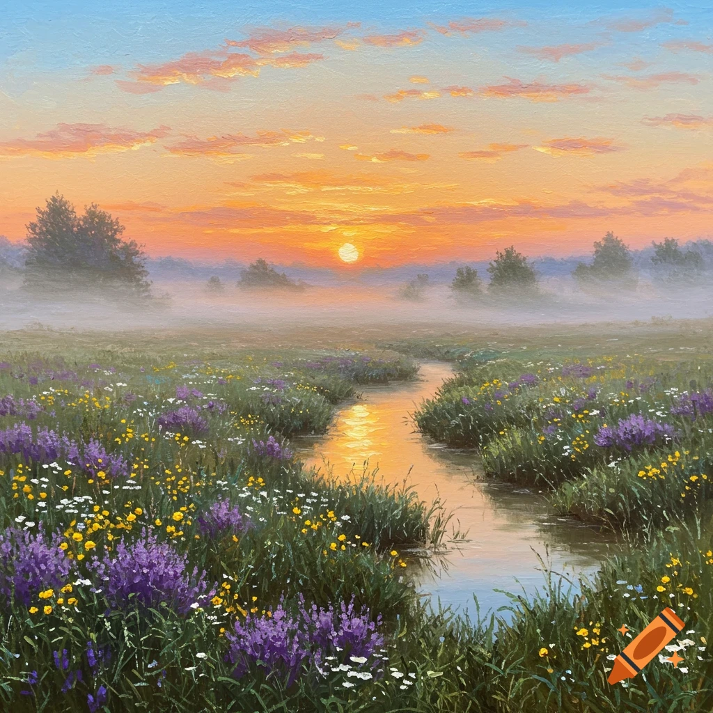 A painting of a winding river through a vibrant wildflower meadow at sunset, with mist in the distance.