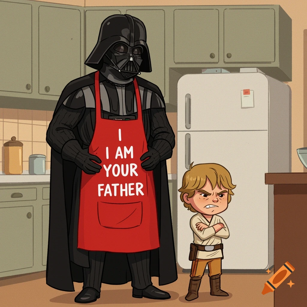Cartoon of Darth Vader in a red apron saying 'I AM YOUR FATHER' next to a grumpy child Luke Skywalker in a kitchen.