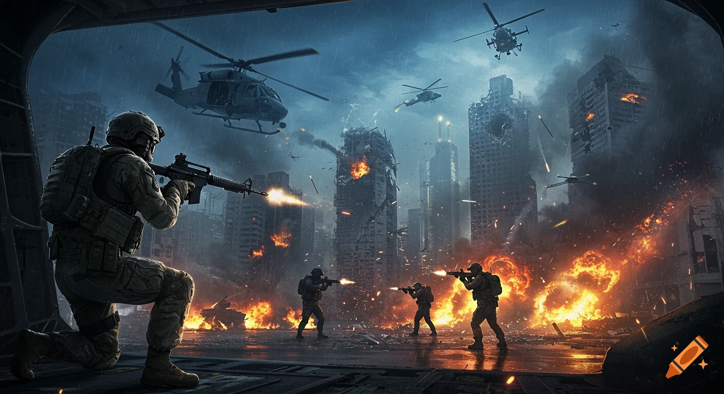 A hyper-realistic cinematic scene of soldiers in a destroyed city engulfed in flames under heavy rain, with helicopters flying overhead.