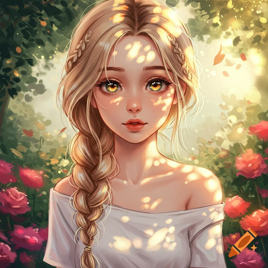 Anime girl with blonde braided hair, glowing yellow eyes, and an off-shoulder white shirt in a sunny garden with red roses.