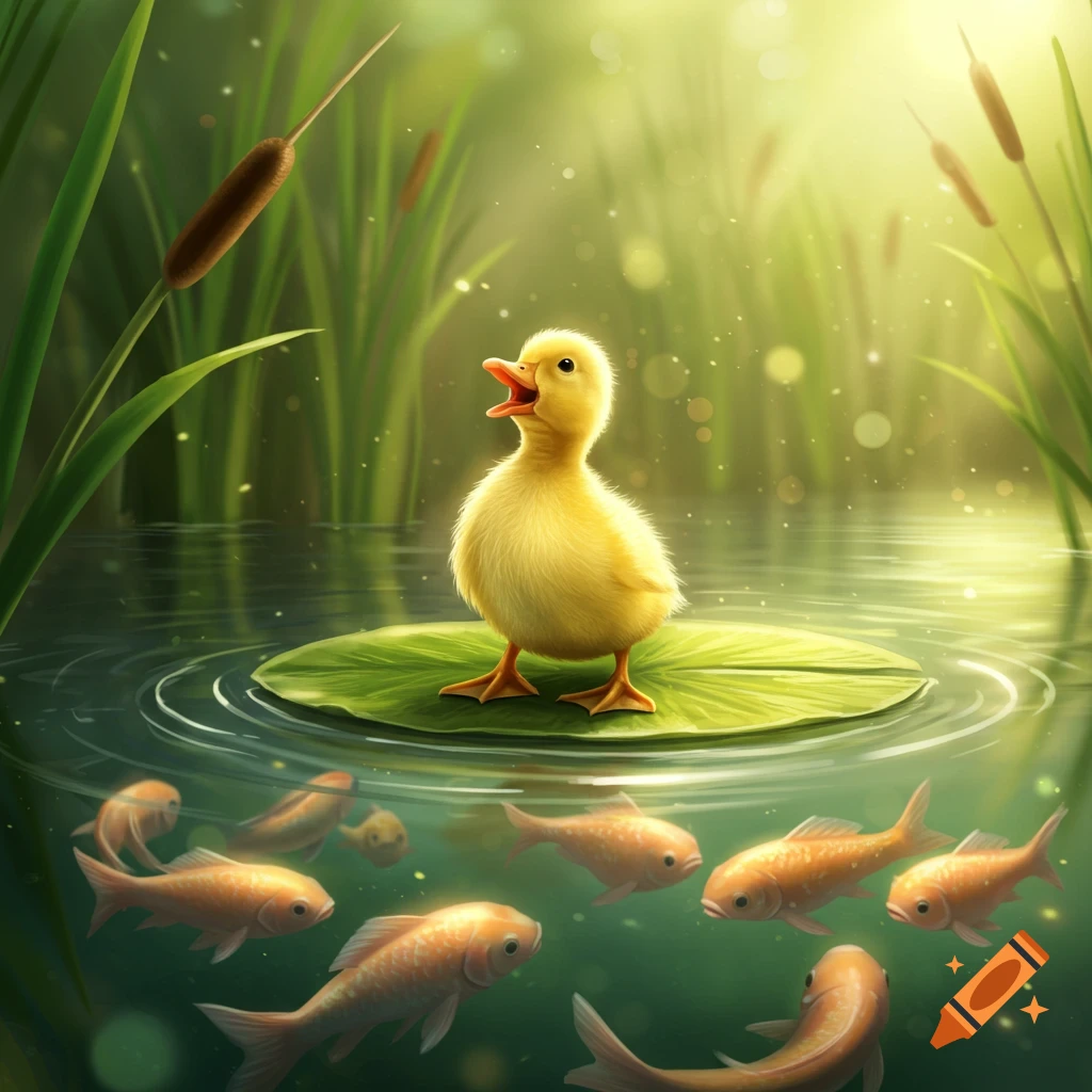 A cute yellow duckling stands on a lily pad in a pond, quacking at several goldfish swimming below, surrounded by reeds in bright, soft light.