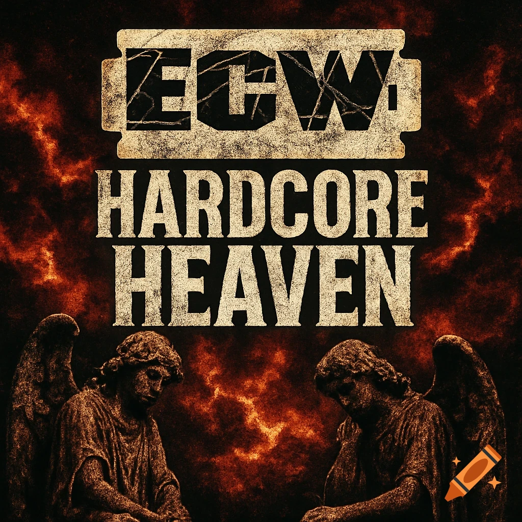 Gothic style ECW Hardcore Heaven logo with a razor blade ECW design, distressed text, fiery clouds, and crumbling angel statues.