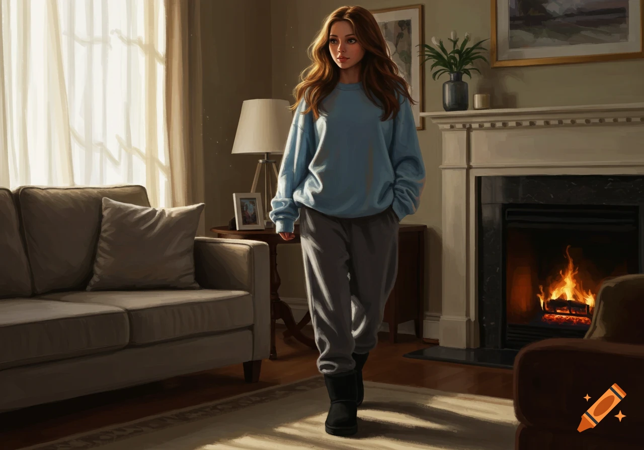 Digital painting of a young woman with brown hair, in a light blue sweatshirt and grey pants, walking in a sunlit living room with a fireplace.