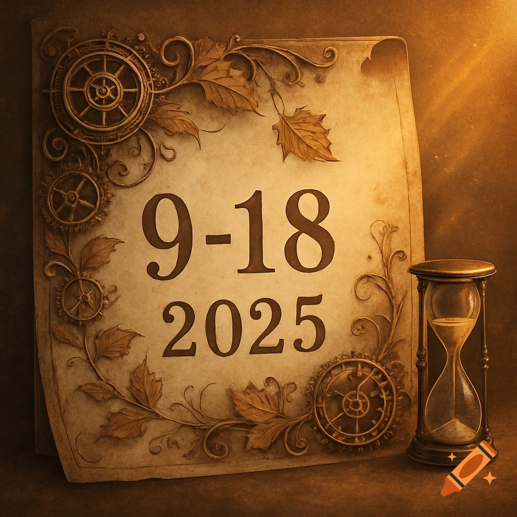 A vintage, steampunk-style sign with '9-18 2025' embossed on it, next to an hourglass, in warm tones.