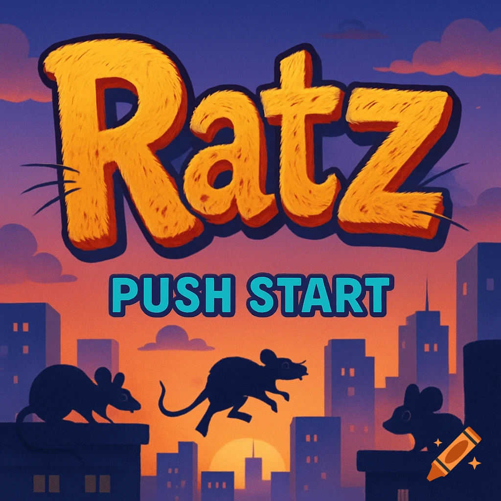 Stylized 'Ratz' game title with 'PUSH START' text, featuring rat silhouettes on city rooftops at sunset.