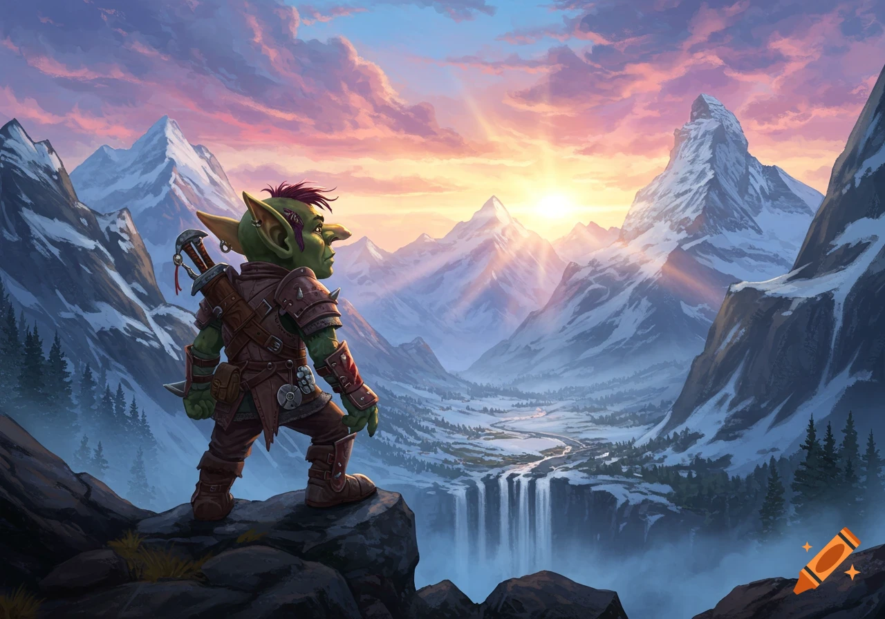 A fantasy goblin adventurer stands on a cliff, gazing at a vibrant sunrise over a vast valley with snow-capped mountains and a waterfall.