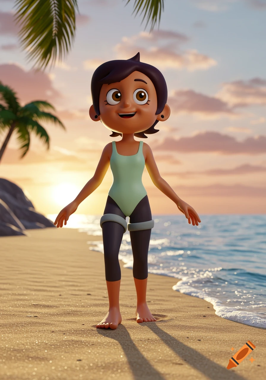 3D animated Luz Noceda from The Owl House stands on a beach in a light green swimsuit and leggings at sunset.