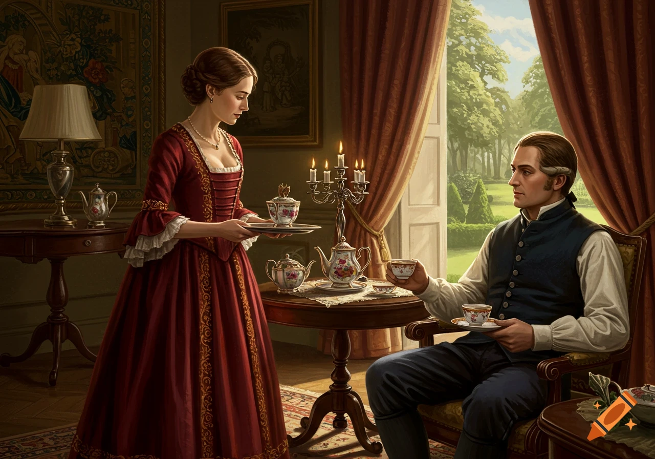 A woman in a red gown serves tea to a man in a vest in a luxurious historical room with a garden view.