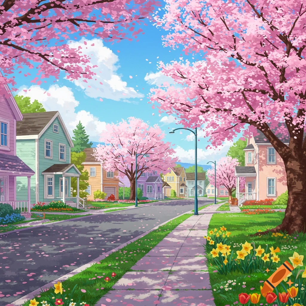 Vibrant anime illustration of a suburban street lined with colorful houses and pink cherry blossom trees in spring.