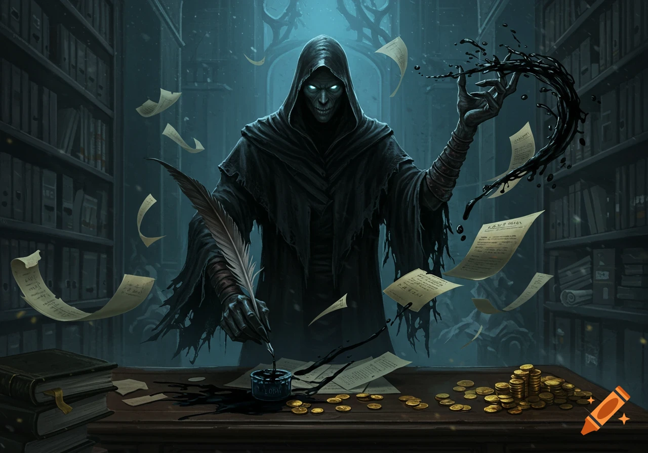 A dark, hooded, skeletal figure writes with a quill at a desk, surrounded by floating papers, gold coins, and books in a dim library.