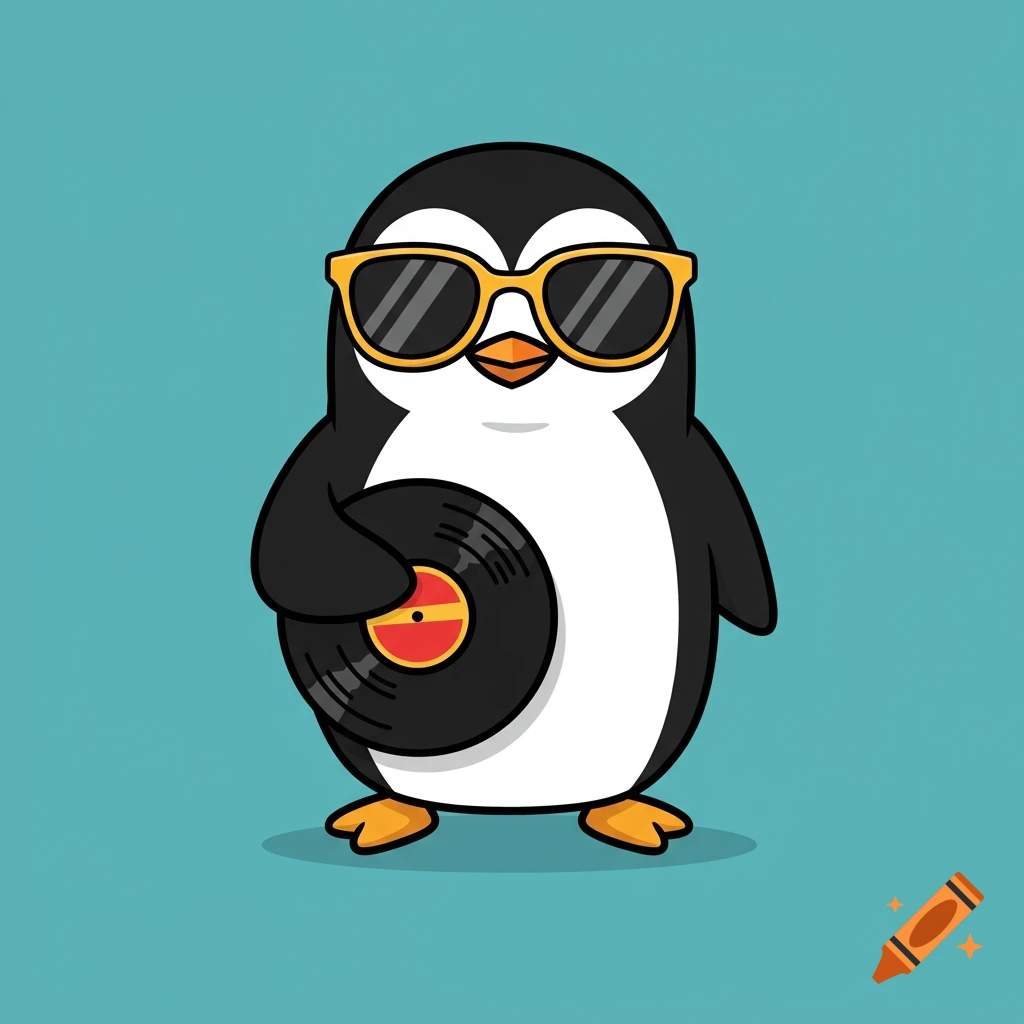 A cartoon penguin wearing yellow sunglasses holds a black vinyl record against a solid teal background.