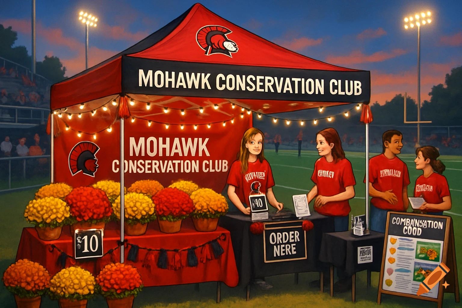 A vibrant illustration of a school Conservation Club tent selling mums at a football game, with students and signs.