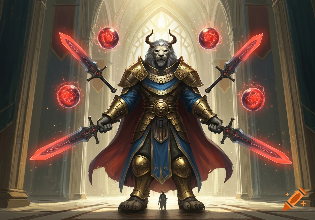Giant armored lion-man with glowing red swords and orbs in a grand hall, a tiny figure stands at his feet.