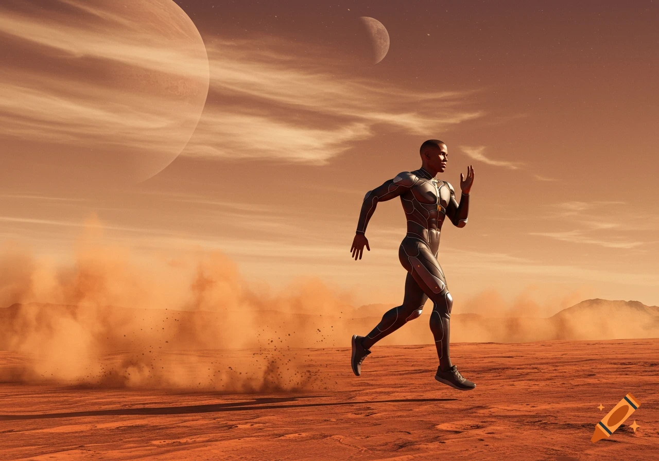 A man in a futuristic suit runs across a dusty red alien planet with two large moons in the sky.