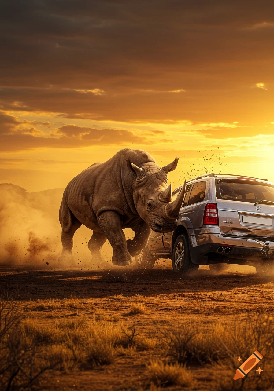 A powerful rhinoceros charges into the side of a silver SUV, kicking up dust in a dramatic savanna sunset.