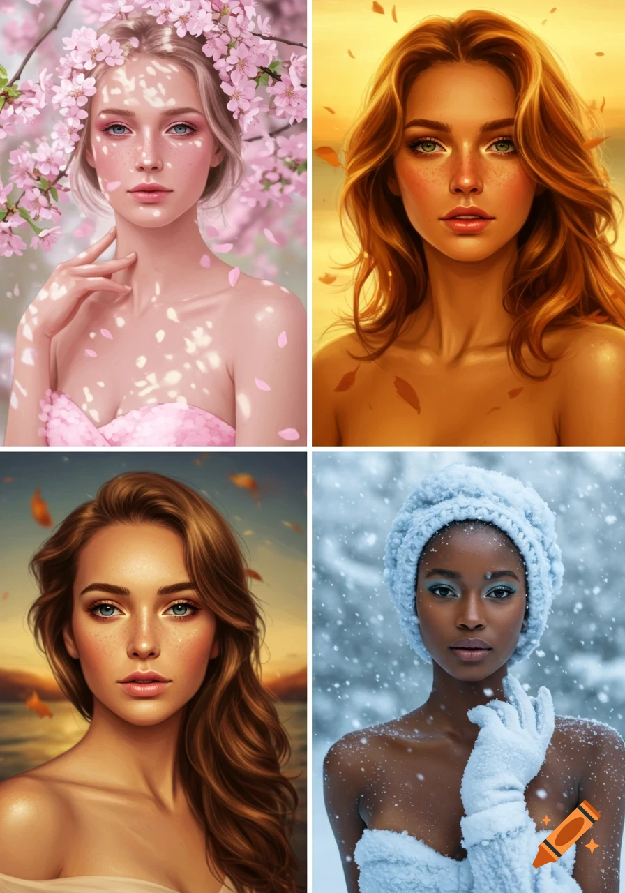 Four photorealistic digital art portraits of women embodying the four seasons: spring, summer, autumn, and winter.