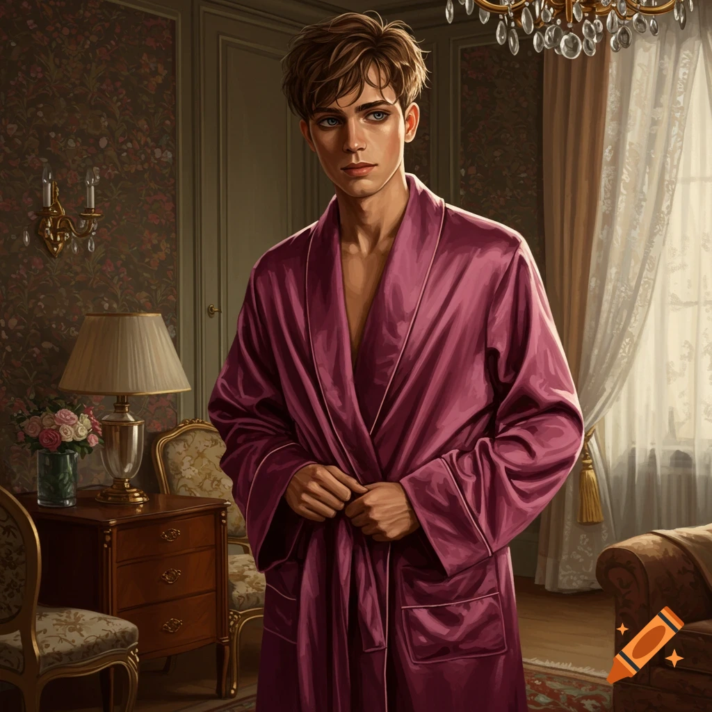 A young man with brown hair and blue eyes, wearing a dark pink silky dressing gown, stands in an elegantly decorated room.