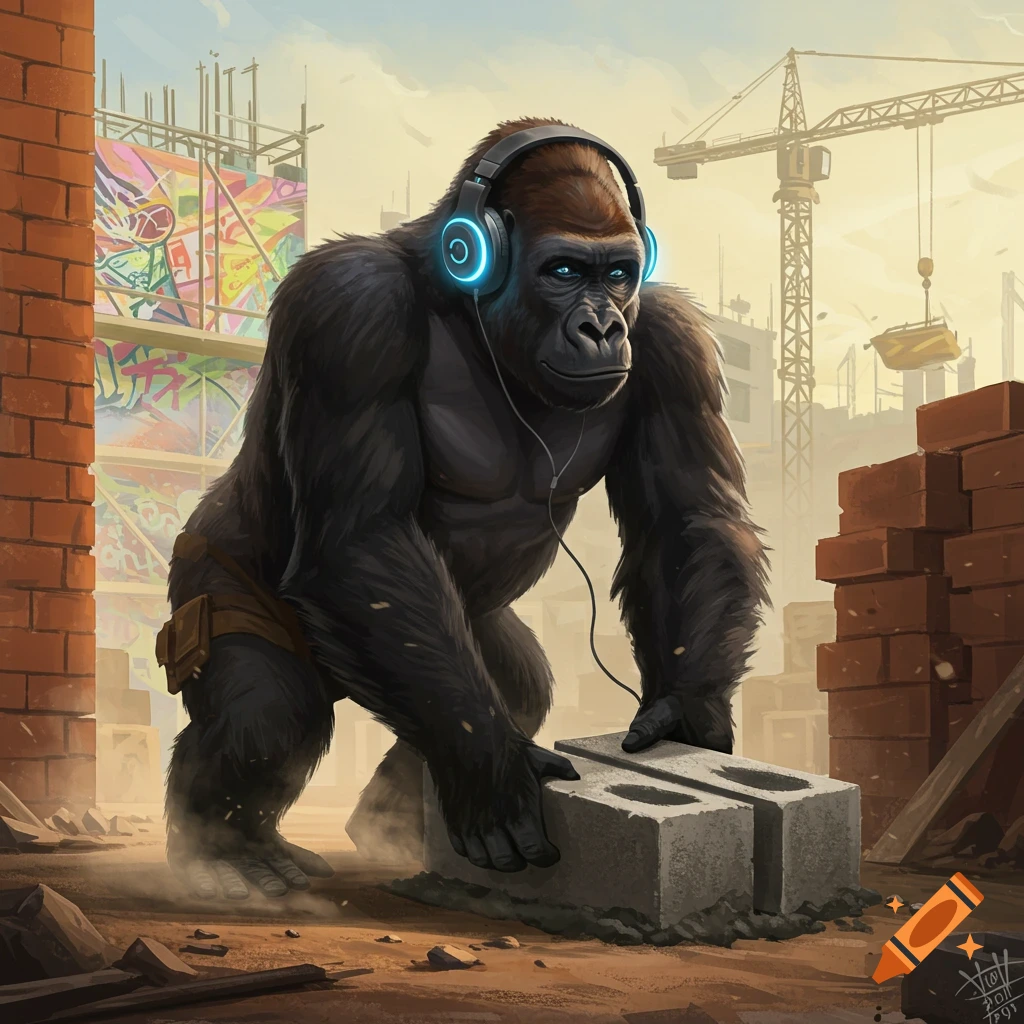 A gorilla in glowing headphones lays a concrete block at a construction site, digital illustration.