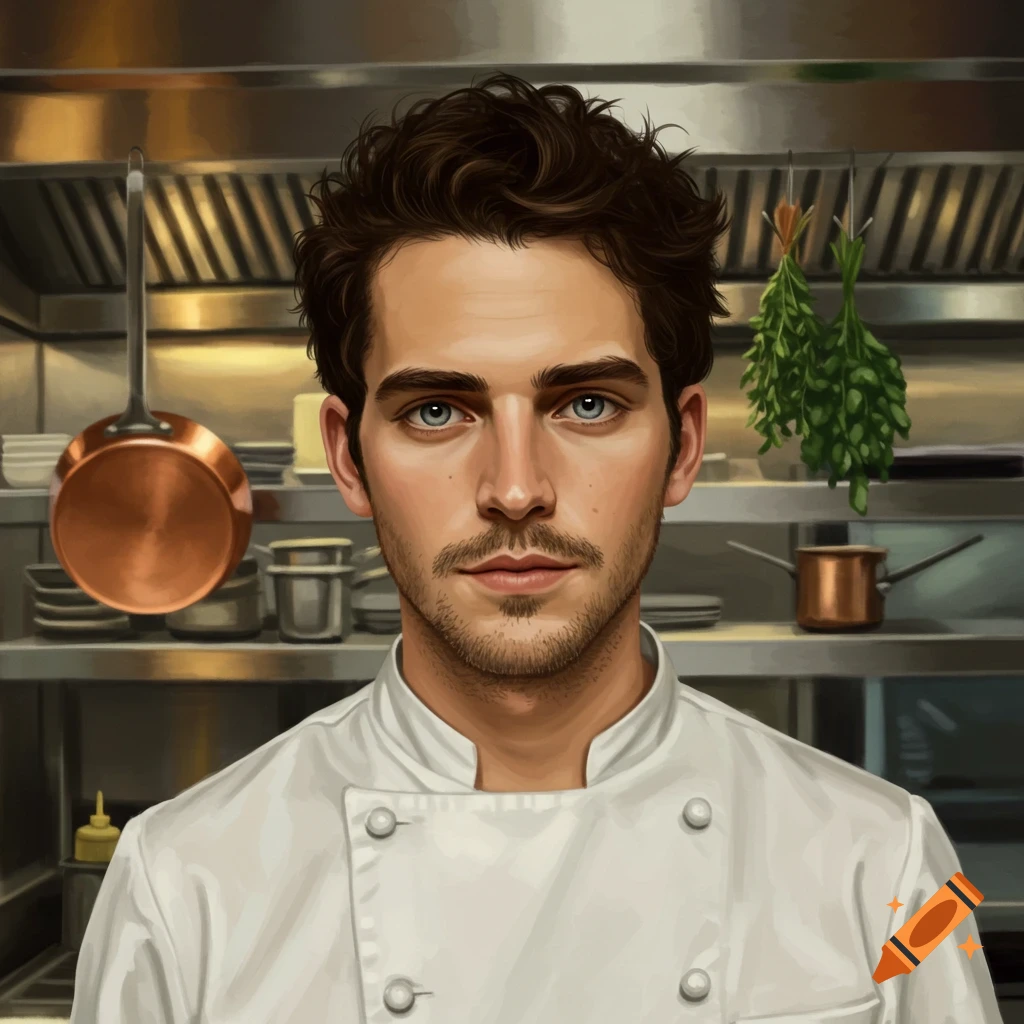 Digital painting of an attractive man with dark brown scruffy hair and blue eyes, wearing a white chef's uniform in a kitchen.