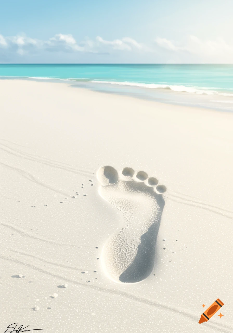A photorealistic image of a large, distinct human footprint pressed into bright white sand on a tropical beach, with turquoise ocean waves and a light blue sky in the background.
