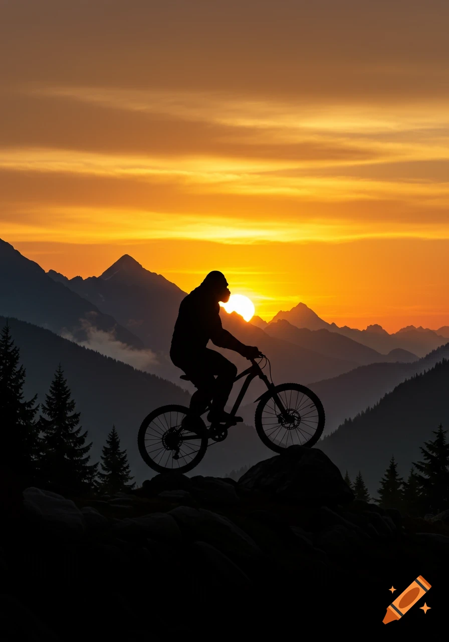 Silhouette of Bigfoot riding a mountain bike over rocks against a dramatic orange sunset in the mountains.