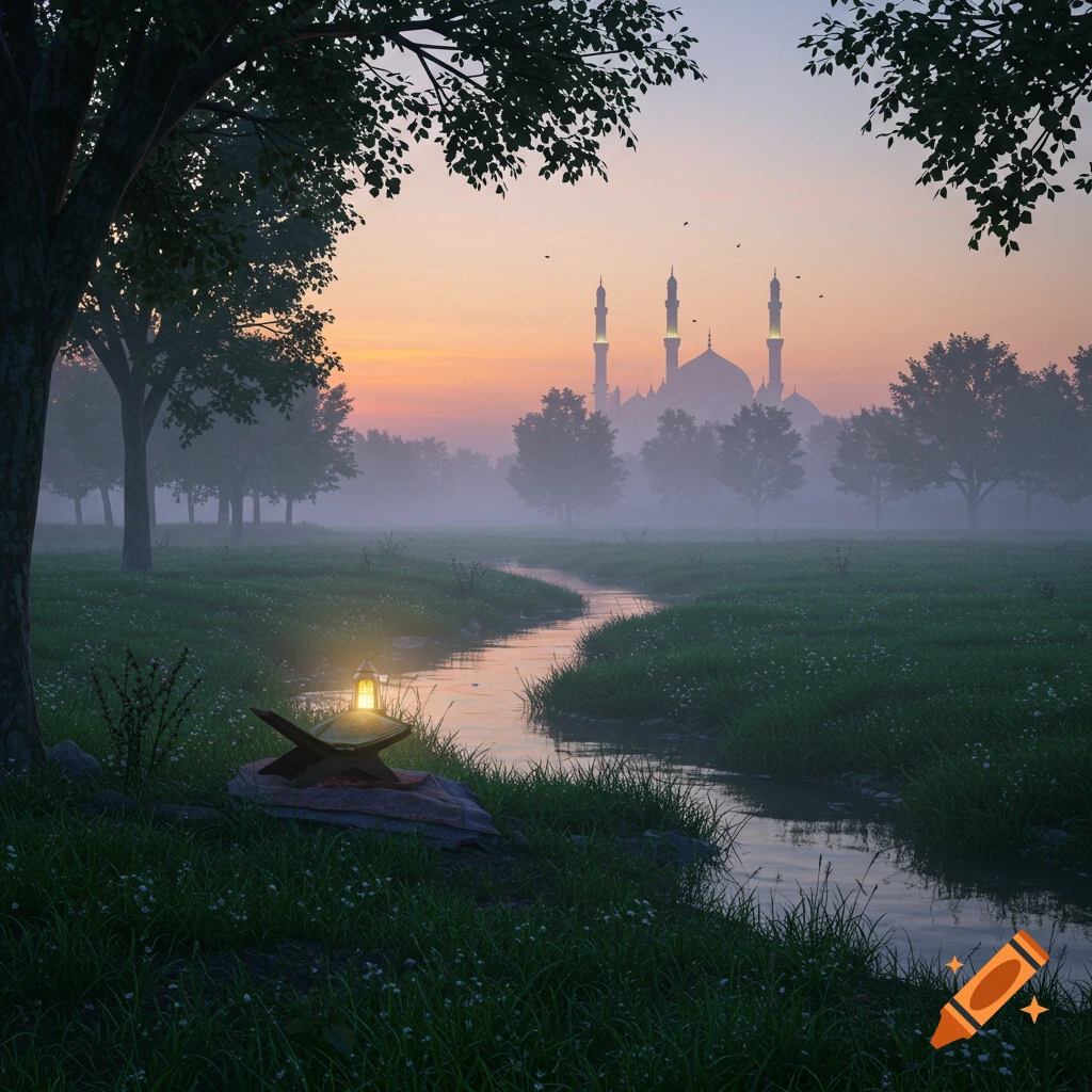 A serene dawn landscape with a mosque in the misty distance, a winding stream, and a glowing lantern beside a book on the grassy bank.