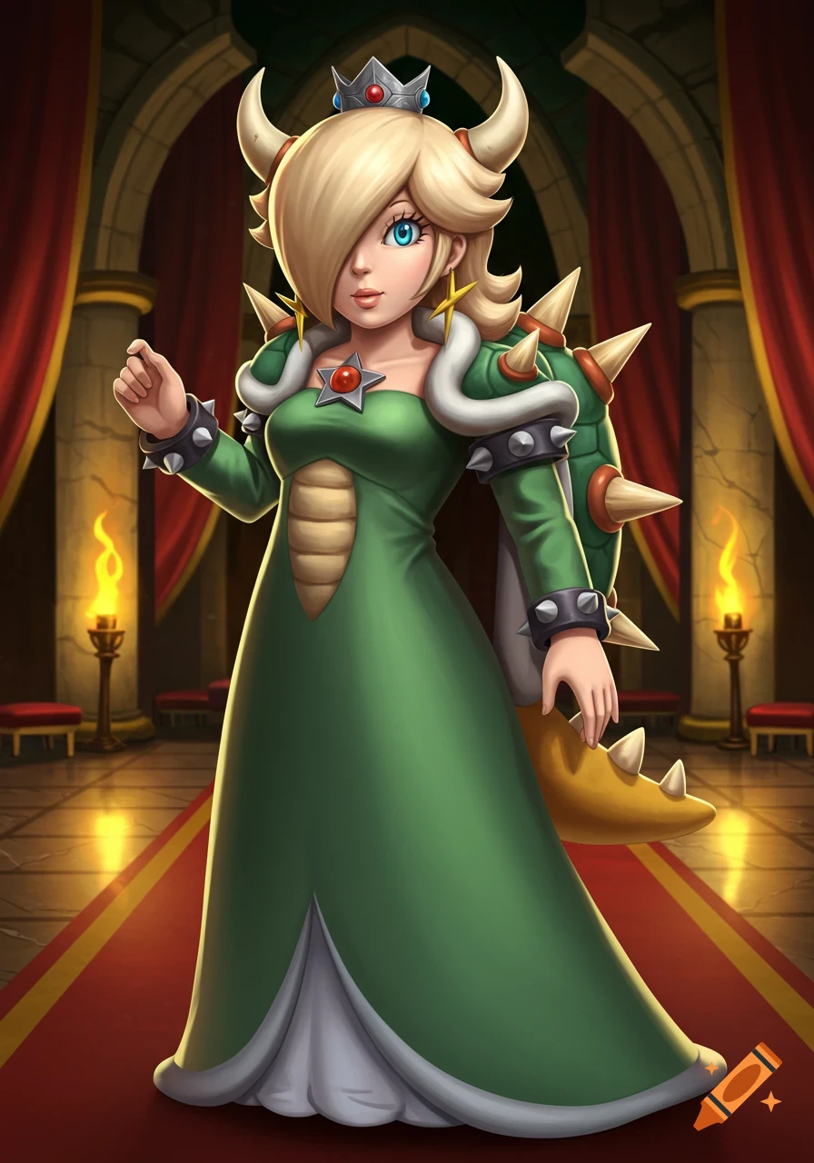 Rosalina from Mario in a Bowser-inspired green gown with horns and spikes, standing on a red carpet in a castle.