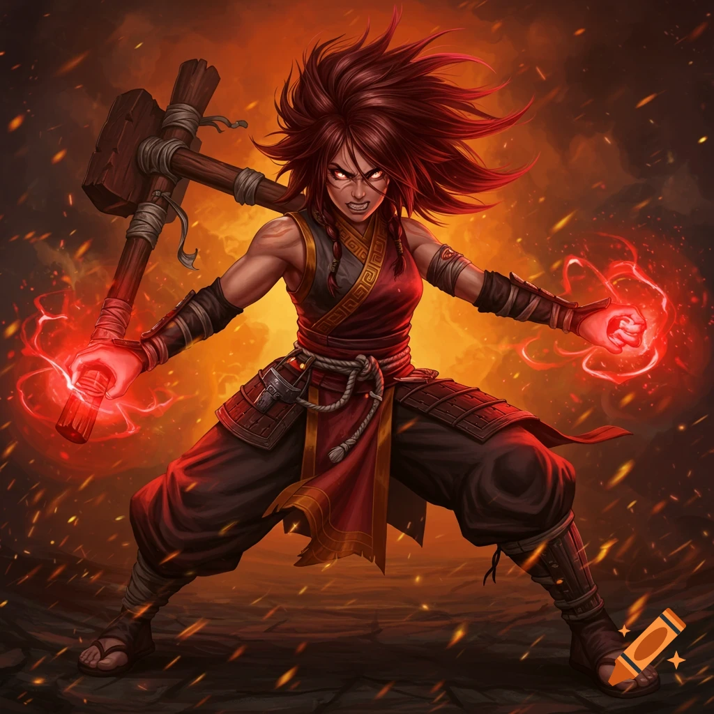 A powerful female fantasy warrior with spiky red hair, wielding a large hammer and casting fiery red magic, in a dynamic stance.