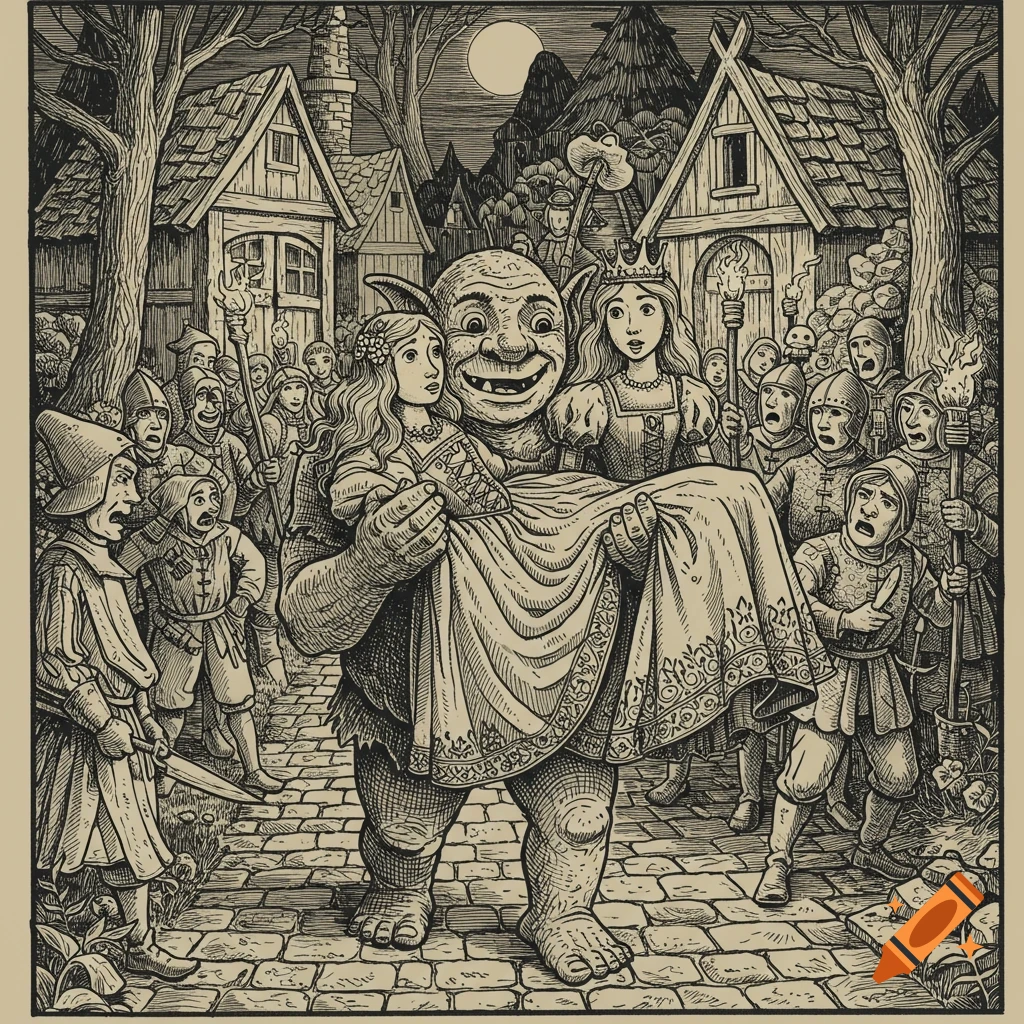 Goofy troll carrying a princess, chased by villagers with torches in a medieval woodcut art style.