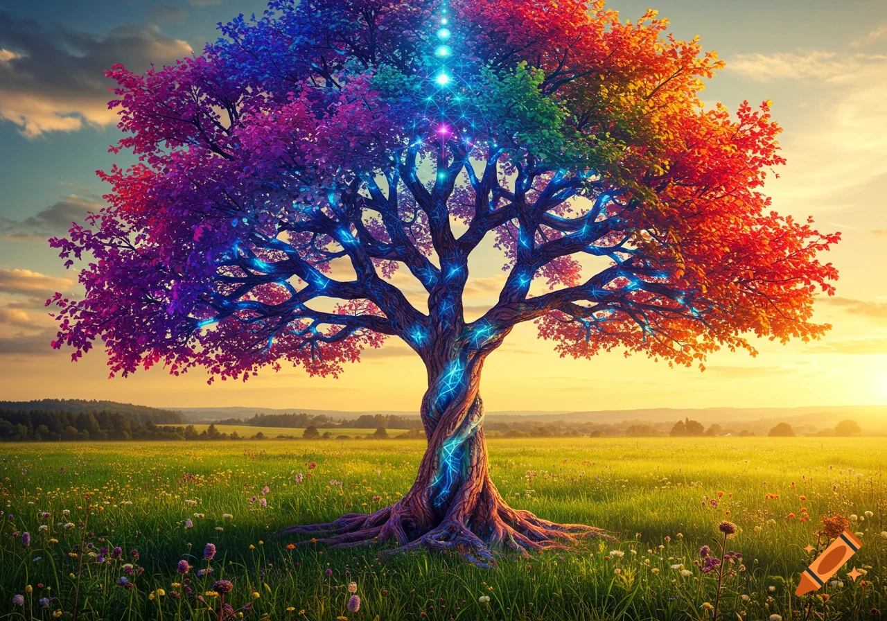 A vibrantly colored tree of life with glowing patterns on its trunk and branches stands in a lush green field at sunset, psychedelic art style.