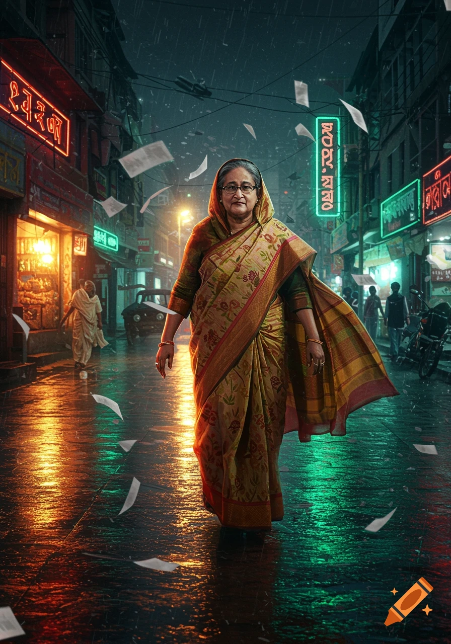 Photorealistic image of a woman in a sari walking down a rainy, neon-lit city street at night with papers floating around.