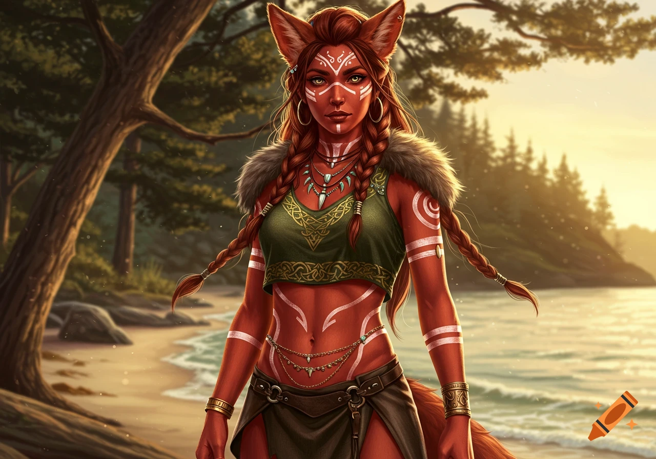 Hyperrealistic fantasy art of a reddish-skinned humanoid woman with fox ears, tribal tattoos, braids, and a fur collar, standing on a beach with pine trees.